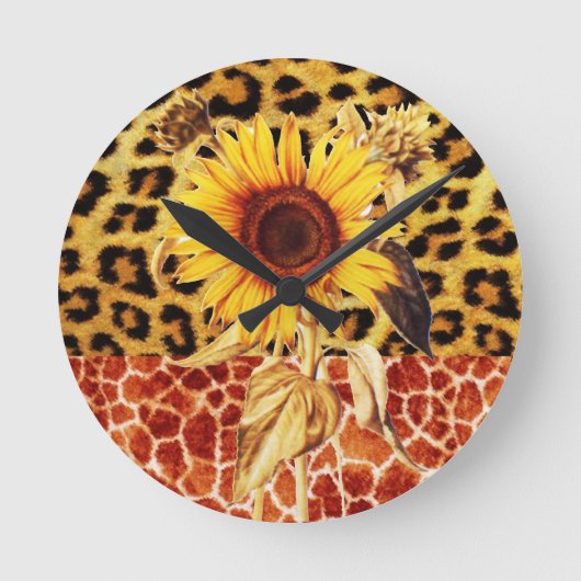 GEDRUKTE GIRAFFE, LEOPARD FUR EN SUNFLOWER RONDE KLOK (Voorkant)