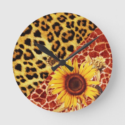 GEDRUKTE GIRAFFE, LEOPARD FUR EN SUNFLOWER RONDE KLOK (Voorkant)