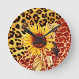GEDRUKTE GIRAFFE, LEOPARD FUR EN SUNFLOWER RONDE KLOK