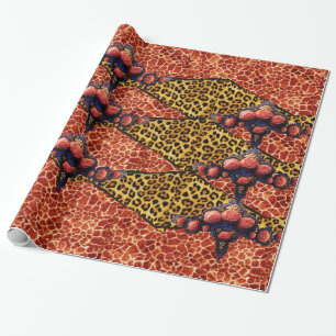 GEDRUKTE GIRAFFE, LEOPARD FUR RIBBON, RED CORAL RO CADEAUPAPIER