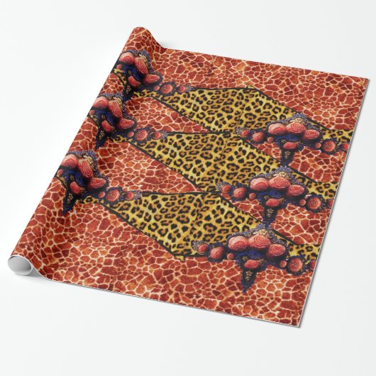 GEDRUKTE GIRAFFE, LEOPARD FUR RIBBON, RED CORAL RO CADEAUPAPIER (Uitgerold)