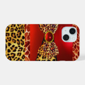 GEDRUKTE GIRAFFE LUIAARD HUIDENTJE,RODE ROBIJN EDE iPhone 15 HOESJE (Achterkant horizontaal)