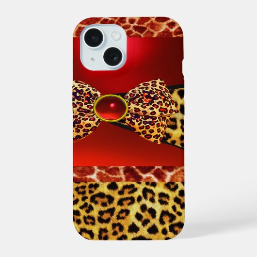 GEDRUKTE GIRAFFE LUIAARD HUIDENTJE,RODE ROBIJN EDE iPhone 15 HOESJE (Achterkant)