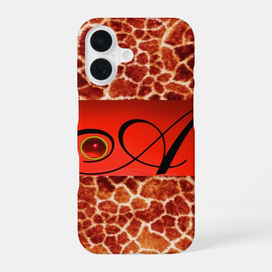 GEDRUKTE GIRAFFEHUID RODE ROBIJN EDELSTEEN MONOGRA iPhone 16 HOESJE (Achterkant)