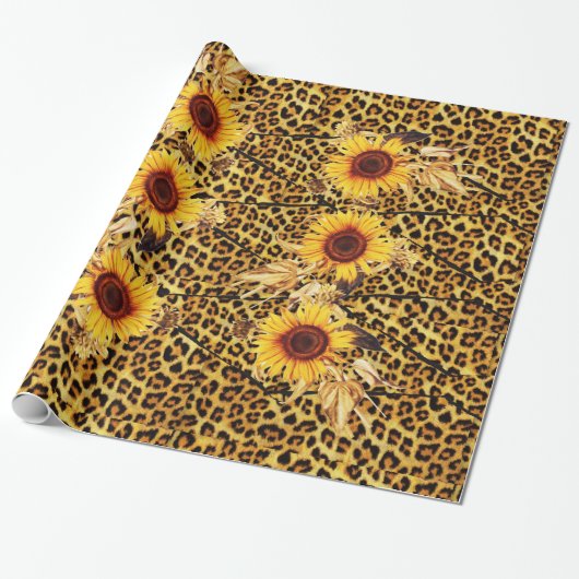 GEDRUKTE LEOPARD FUR RIBBON EN SUFLOWERS CADEAUPAPIER (Uitgerold)