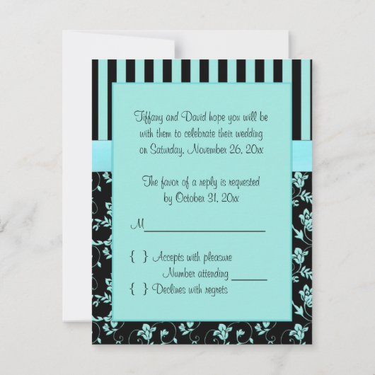 Gedrukte lint Aqua-blauw, zwart gestreept RSVP-kaa RSVP Kaartje (Achterkant)