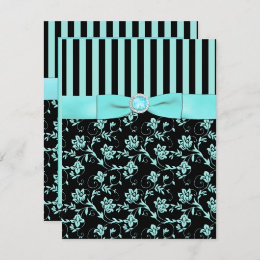 Gedrukte lint Aqua-blauw, zwart gestreept RSVP-kaa RSVP Kaartje (Voorkant / Achterkant)