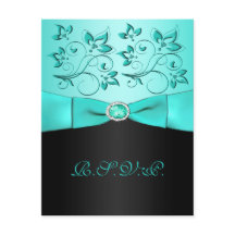 GEDRUKTE LINT Aqua, Zwarte Bloemen II RSVP Kaart