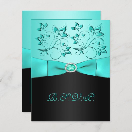 GEDRUKTE LINT Aqua, Zwarte Bloemen II RSVP Kaart (Voorkant / Achterkant)