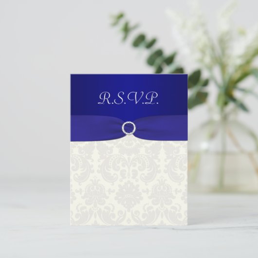 GEDRUKTE LINT Blauwe, ivoorkleurige damasten antwo RSVP Kaartje (Staand voorkant)