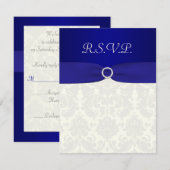 GEDRUKTE LINT Blauwe, ivoorkleurige damasten antwo RSVP Kaartje (Voorkant / Achterkant)
