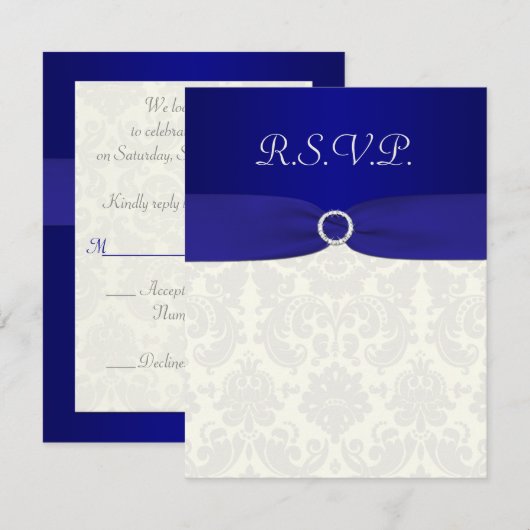 GEDRUKTE LINT Blauwe, ivoorkleurige damasten antwo RSVP Kaartje (Voorkant / Achterkant)