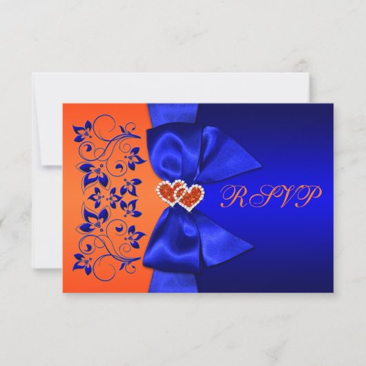 GEDRUKTE LINT Blauwe, Oranje Bloem Bruiloft RSVP (Voorkant)