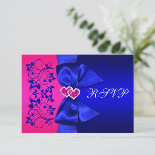 GEDRUKTE LINT Blauwe, Roze Bloemige Trouw-RSVP Kaart (Staand voorkant)