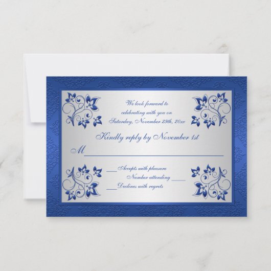 GEDRUKTE LINT Blauwe, Zilveren Bloemen Reply Kaart (Achterkant)