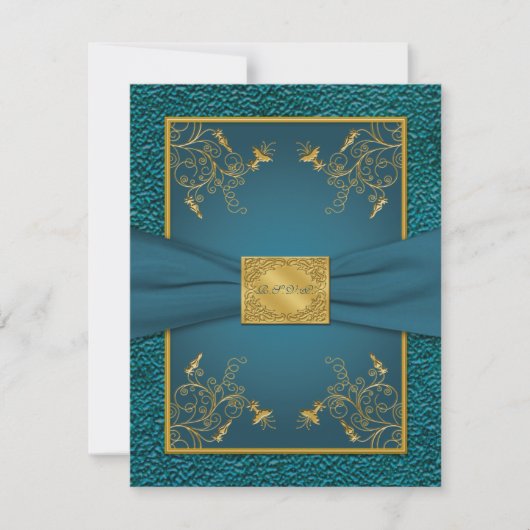 Gedrukte lint Gouden, Teal RSVP kaart (Voorkant)