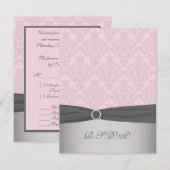 GEDRUKTE LINT Grijs, Roze Damast RSVP Kaart (Voorkant / Achterkant)