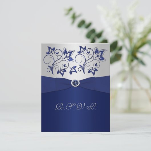 GEDRUKTE LINT Navy, Zilveren Bloemen RSVP Kaart (Staand voorkant)