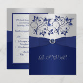 GEDRUKTE LINT Navy, Zilveren Bloemen RSVP Kaart (Voorkant / Achterkant)