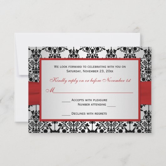 GEDRUKTE LINT Rode, Grijze & Zwarte Damast RSVP Ka (Achterkant)