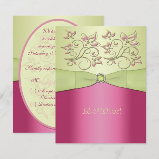GEDRUKTE LINT Roze, Groene Bloem RSVP Kaart (Voorkant / Achterkant)