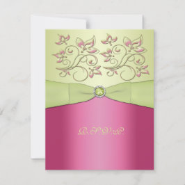 Gedrukte lint Roze, groene bloemen RSVP kaart