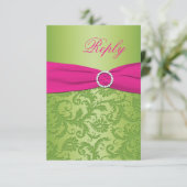 GEDRUKTE LINT Roze, Groene Damast Antwoordkaart RSVP Kaartje (Staand voorkant)