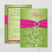 GEDRUKTE LINT Roze, Groene Damast Antwoordkaart RSVP Kaartje (Voorkant / Achterkant)