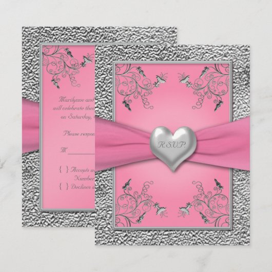 GEDRUKTE LINT Roze, Tin Hart RSVP Kaart (Voorkant / Achterkant)