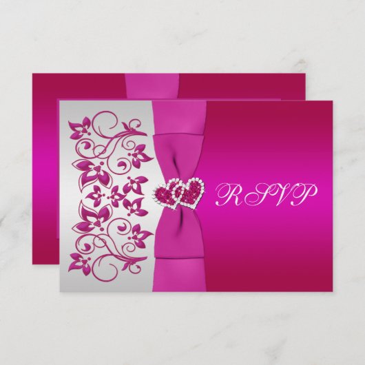 GEDRUKTE LINT Roze, Zilveren Bloemen Antwoordkaart Kaart (Voorkant / Achterkant)