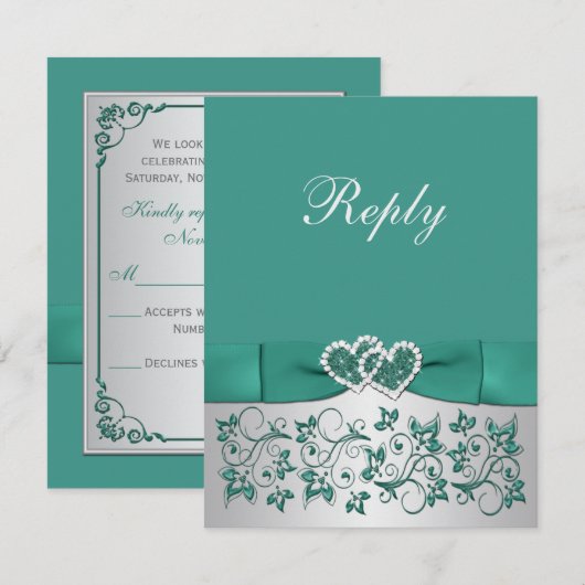 GEDRUKTE LINT Teal, Zilveren Bloemen Antwoordkaart Kaart (Voorkant / Achterkant)