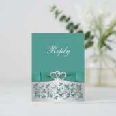 GEDRUKTE LINT Teal, Zilveren Bloemen Reactiekaart Kaart (Staand voorkant)