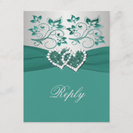 GEDRUKTE LINT Teal, Zilveren Bloemen Reactiekaart RSVP Kaartje