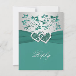 GEDRUKTE LINT Teal, Zilveren Bloemen Reactiekaart RSVP Kaartje