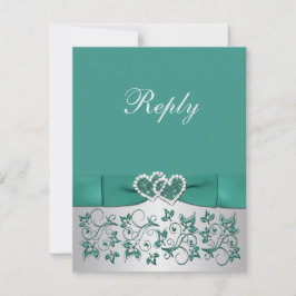 GEDRUKTE LINT Teal, Zilveren Bloemen Reply Card Kaart