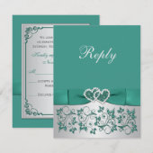 GEDRUKTE LINT Teal, Zilveren Bloemen Reply Card Kaart (Voorkant / Achterkant)