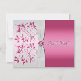 Gedrukte lint Zilveren, Roze Bloem RSVP Kaart