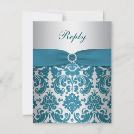 GEDRUKTE LINT Zilveren, Teal Damast Antwoordkaart RSVP Kaartje