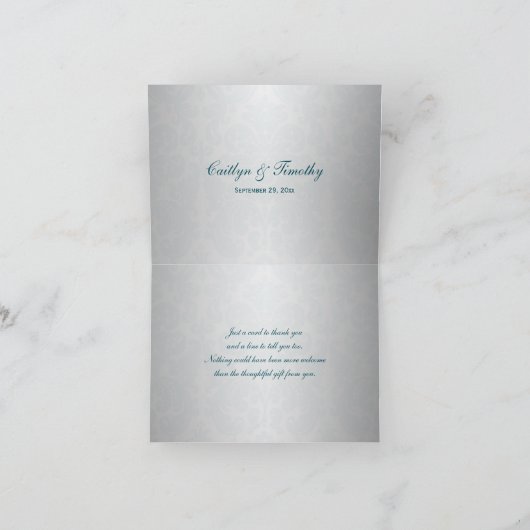 GEDRUKTE LINT Zilveren, Turkooizen Damast Bedankka Bedankkaart (Binnen)