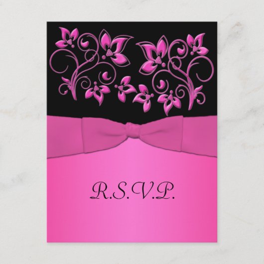 GEDRUKTE LINT Zwarte, Roze Bloem RSVP Kaart (Voorkant)