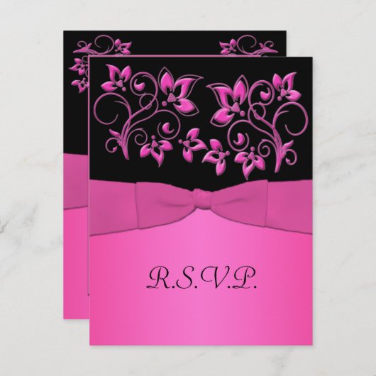 GEDRUKTE LINT Zwarte, Roze Bloemige RSVP Kaart (Voorkant / Achterkant)