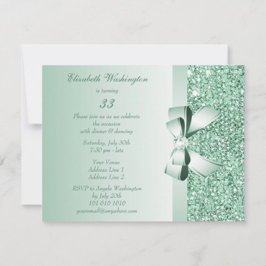 Gedrukte Mint Green Sequins, Bow & Diamond Birthda Kaart (Achterkant)