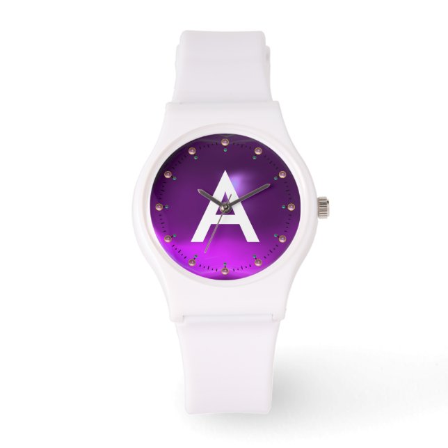 GEDRUKTE PAARSE AMETHIST EDELSTEEN MONOGRAM HORLOGE (Voorkant)