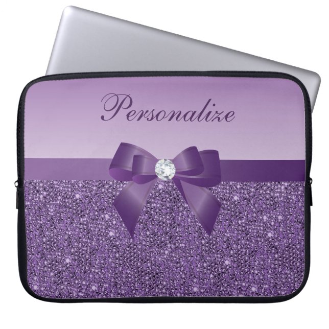Gedrukte Paarse Sequins, Bak en diamant Laptop Sleeve (Voorkant)