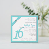 GEDRUKTE RIBBON Aqua, grijs zoet 16 Invite Kaart (Staand voorkant)
