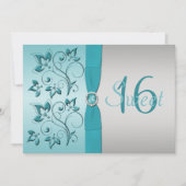 GEDRUKTE RIBBON Aqua, Silver Sweet 16 Party Invite Kaart (Voorkant)