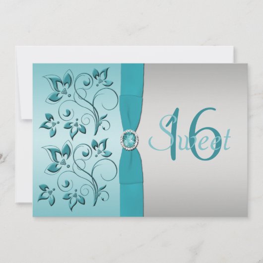 GEDRUKTE RIBBON Aqua, Silver Sweet 16 Party Invite Kaart (Voorkant)