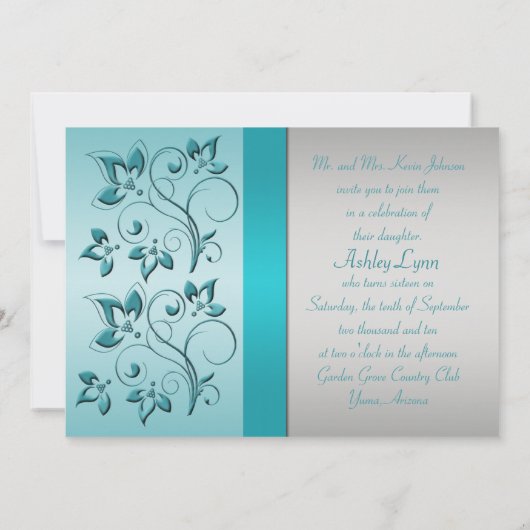 GEDRUKTE RIBBON Aqua, Silver Sweet 16 Party Invite Kaart (Achterkant)