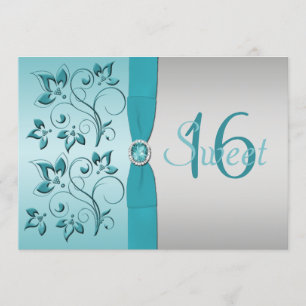 GEDRUKTE RIBBON Aqua, Silver Sweet 16 Party Invite Kaart