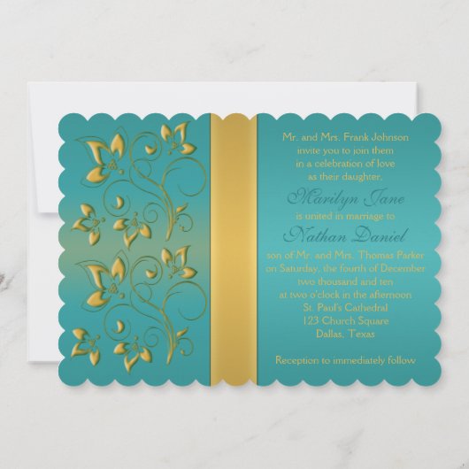 GEDRUKTE RIBBON Blauwgroen, Gold Floral Monogram I Kaart (Achterkant)